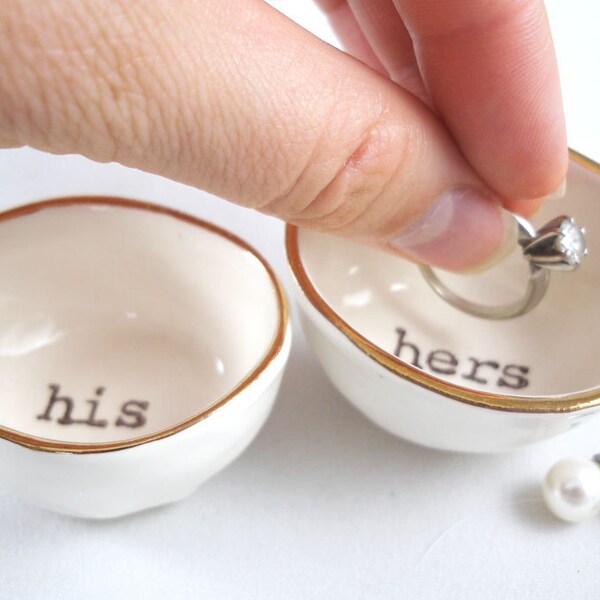 HIS & HERS ring dishes, GIFT for bride groom, gift for couple, wedding ring holder, last minute gift, ceramic gold rim, bridal shower gift