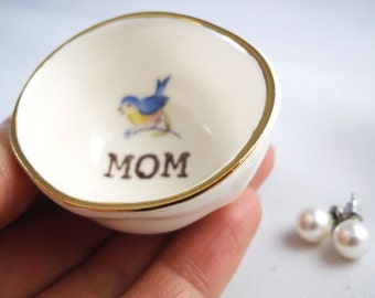 HANDMADE custom gift for mom, blue bird ring holder for mom, jewelry dish gift for her, gift from children, new mom gift, first time mom
