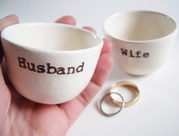 READY TO SHIP for wedding gift wedding ring dish handprinted dark brown ink, white ceramic ring holder husband and wife wedding gift idea