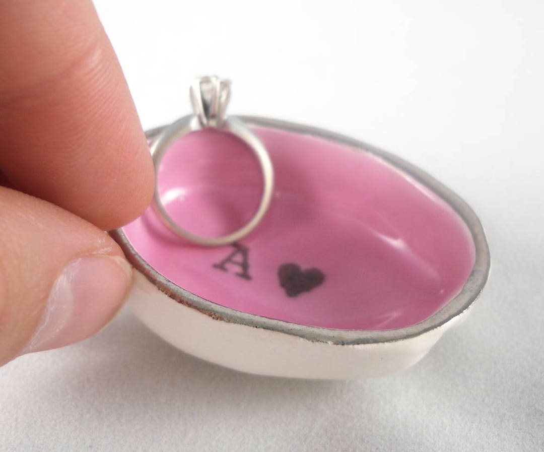 Silver Rim Engagement Ring Holder, Gold Rim With Pink Glazed Ceramic