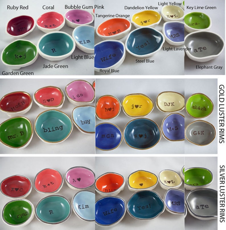 May include: Assortment of small ceramic ring dishes in various colors with gold and silver luster rims. The dishes are decorated with personalized text, including names, initials, and words like "wife", "yes!" and "bling".