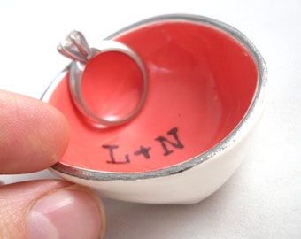 Personalized ceramic ENGAGEMENT RING DISH with stamped initials and heart / wedding ring holder for bridal shower gift for engagement party