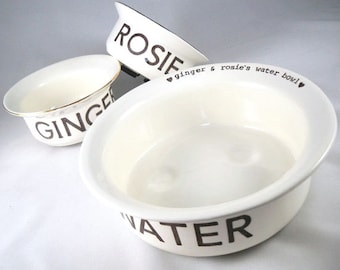handmade 1 water bowl 2 food bowls - dog gift for family pets to share water dish & separate food dish - custom pet name - gold rim pet bowl