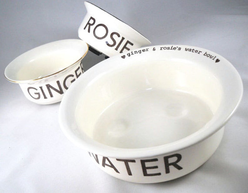 gold rim pet bowl handmade 1 water bowl 2 food bowls dog gift for family pets to share water dish /& separate food dish custom pet name