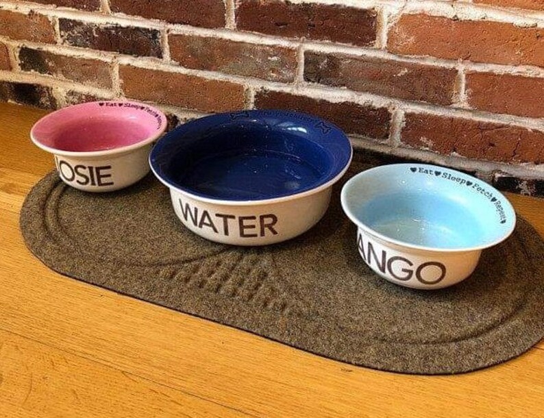 May include: Three ceramic pet bowls on a brown oval mat. The bowls are blue, pink, and light blue. The blue bowl says "WATER", the pink bowl says "ROSIE", and the light blue bowl says "Eat Sleep Fetch Repeat" and "ANGO".