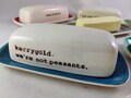 FUNNY KERRYGOLD BUTTER dish printed with your personalized joke or phrase, select a custom color for the butter tray, 2 piece removable lid