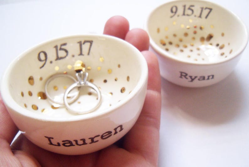 bridal shower gift white ceramic ring bowl or jewelry dish gold polkas custom wedding date personalized ring holders for bride and groom