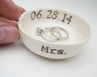 custom MRS gift wedding date RING HOLDER gift for bride ring holder wedding date bridal shower gift hers ring pillow wedding gift ceramic