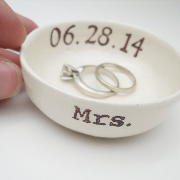 custom MRS gift wedding date RING HOLDER gift for bride ring holder wedding date bridal shower gift hers ring pillow wedding gift ceramic