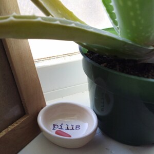 May include: A white ceramic dish with the word "pills" written on it in black lettering. The dish is sitting on a white surface next to a green potted aloe vera plant.