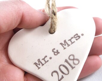 mr mrs 2018 ornament -Made & Ready to Ship christmas ornament, heart shaped ornament, couple gift, christmas gift for wife, wedding momento