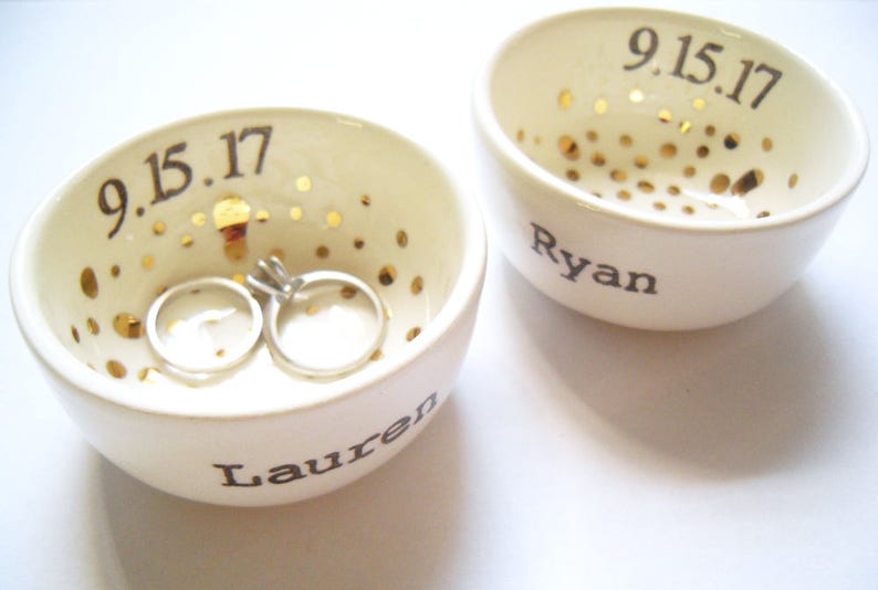 bridal shower gift white ceramic ring bowl or jewelry dish gold polkas custom wedding date personalized ring holders for bride and groom