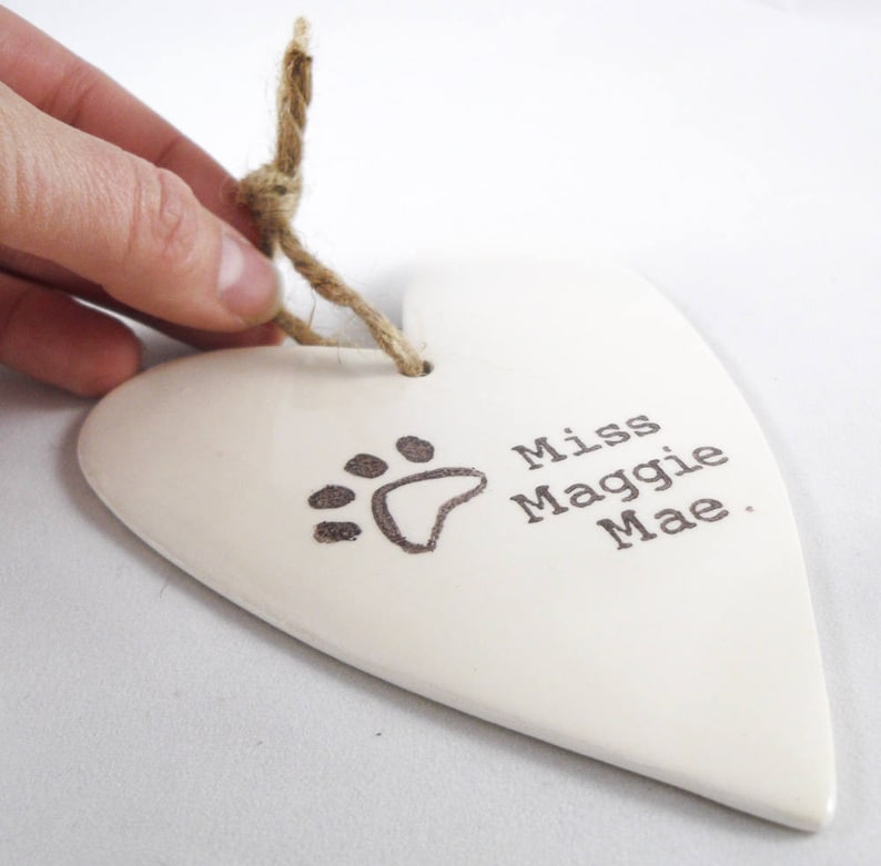 CUSTOM DOG ORNAMENT custom valentine gift for dog owner personalized dog name and paw print large heart shaped ornament on white ceramic