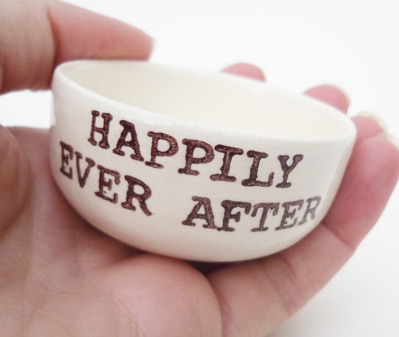 HAPPILY EVER AFTER white ceramic ring dish wedding engagement anniversary gift idea handmade wedding ring pillow handprinted jewelry dish
