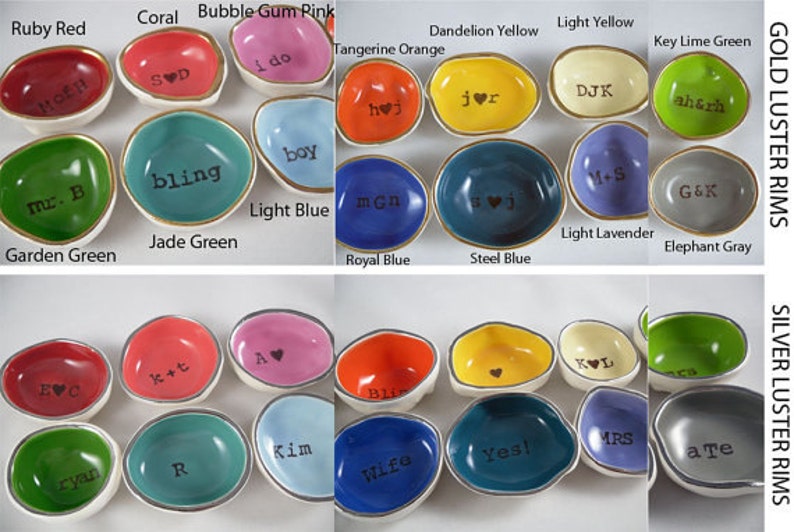 May include: Assortment of small ceramic ring dishes in various colors with gold or silver luster rims. Each dish has a different inscription, such as "i do", "bling", "mr. B", "wife", "yes!" and "aTe".