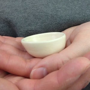 May include: A small, white ceramic bowl held in someone's hands. The bowl is smooth and has a rounded shape.