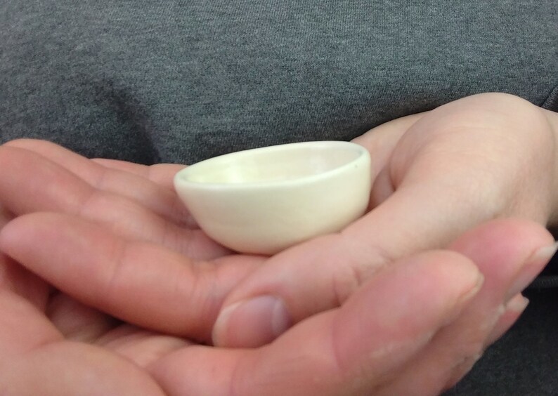 May include: A small, white ceramic bowl held in someone's hands. The bowl is smooth and has a rounded shape.