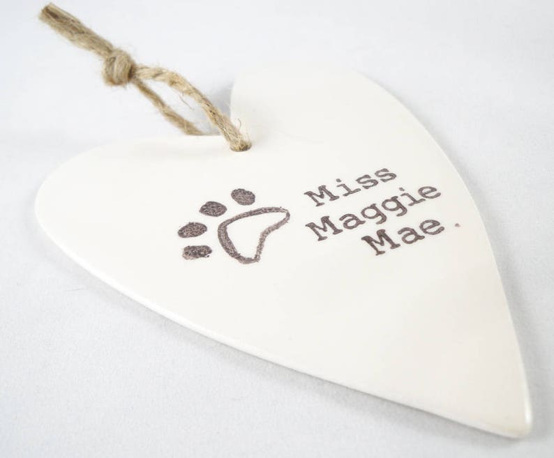 CUSTOM DOG ORNAMENT custom valentine gift for dog owner personalized dog name and paw print large heart shaped ornament on white ceramic