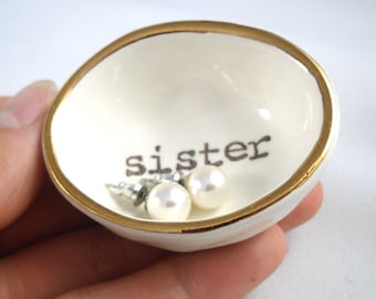 GIFT FOR SISTER ring dish gold rim for bridesmaid gift white ring holder gold rim ring dish printed sister gift jewelry dish distant family