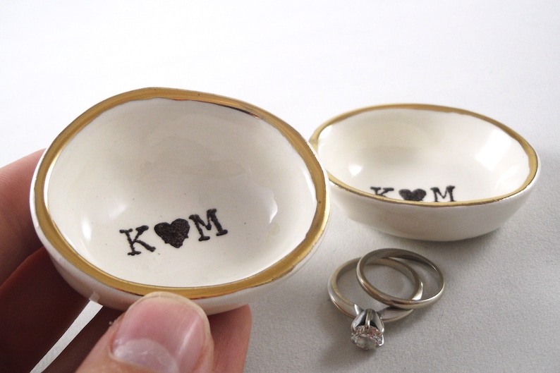 initials ring dish gold ring holder or silver ring holder Set of 2 Matching Ring Dishes for wedding custom bride and groom couple gift