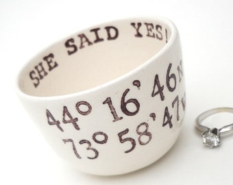 LATITUDE LONGITUDE COORDINATES ring holder she said yes ring dish i said yes engagement gift honeymoon gift destination wedding gift for her