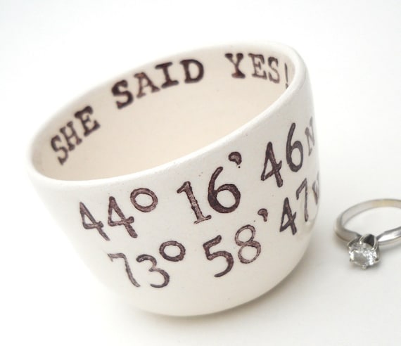 LATITUDE LONGITUDE COORDINATES ring holder she said yes ring dish i said yes engagement gift honeymoon gift destination wedding gift for her