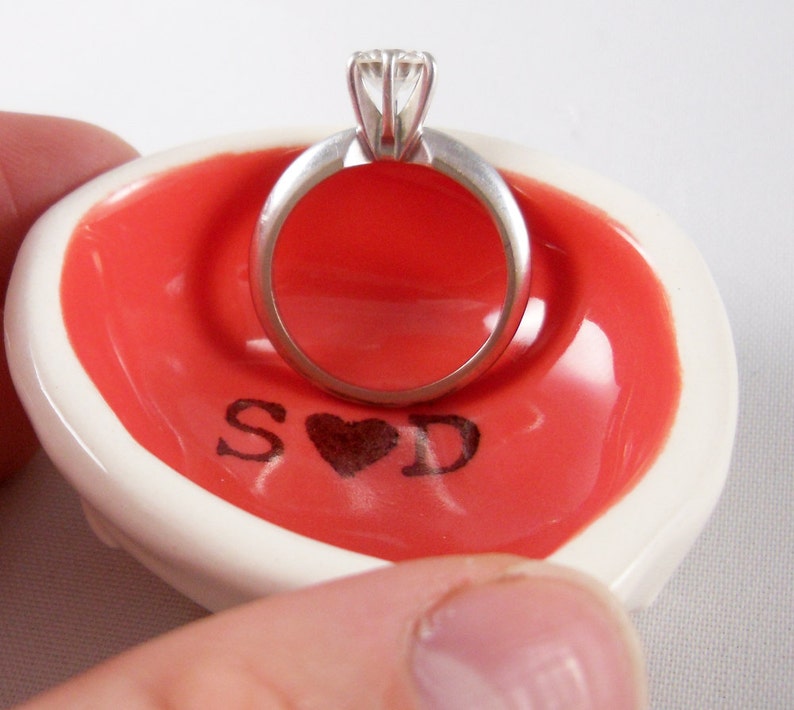 CUSTOM RING HOLDER, personalize wedding ring dish, newly engaged couple, married couple, design your own colored glaze or gold silver rim image 4