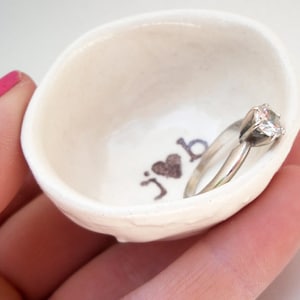 Personalized ceramic ENGAGEMENT RING DISH with stamped initials and heart / wedding ring holder for bridal shower gift for engagement party