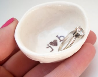 Personalized ceramic ENGAGEMENT RING DISH with stamped initials and heart / wedding ring holder for bridal shower gift for engagement party