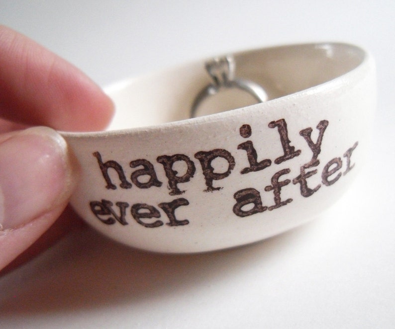 HAPPILY EVER AFTER white ceramic ring dish wedding engagement anniversary gift idea handmade wedding ring pillow handprinted jewelry dish