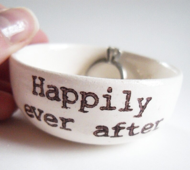 HAPPILY EVER AFTER white ceramic ring dish wedding engagement anniversary gift idea handmade wedding ring pillow handprinted jewelry dish