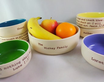 Set of bowls for the whole family, custom printed names, list of favorite foods, favorite quotes, bible verses or famous quotes personalized