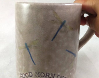 Dragon fly mug printed with good morning inspirational text on stone gray color mug with handle, work mug or office mug