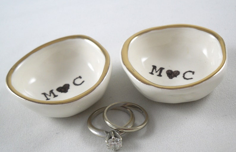 initials ring dish gold ring holder or silver ring holder Set of 2 Matching Ring Dishes for wedding custom bride and groom couple gift