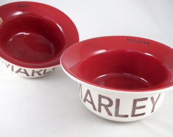 set of two custom ceramic pet bowls, small cat food dish or large dog food bowl, add pets name, customize with colored glaze, add a gold rim