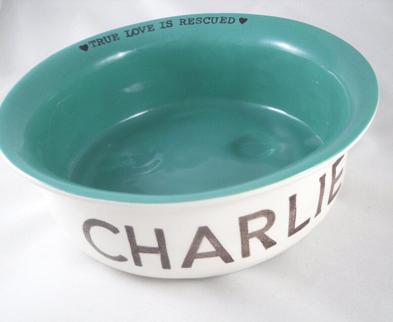May include: White ceramic pet bowl with a teal blue interior. The bowl has the words "TRUE LOVE IS RESCUED" in black lettering on the rim and the name "CHARLIE" in black lettering on the bottom.
