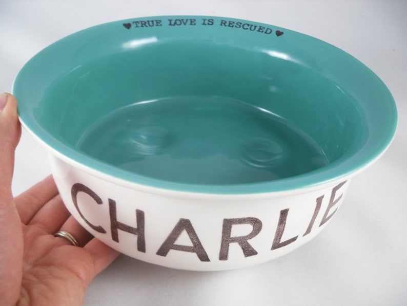 May include: White ceramic dog bowl with a teal blue interior. The bowl has the text "TRUE LOVE IS RESCUED" printed on the rim and the name "CHARLIE" printed on the bottom.