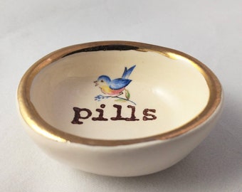 Blue bird pill dish gold rim pill holder bird bowl decor printed pill bowl pill organizer for mom nana pill dish gift for mother's day