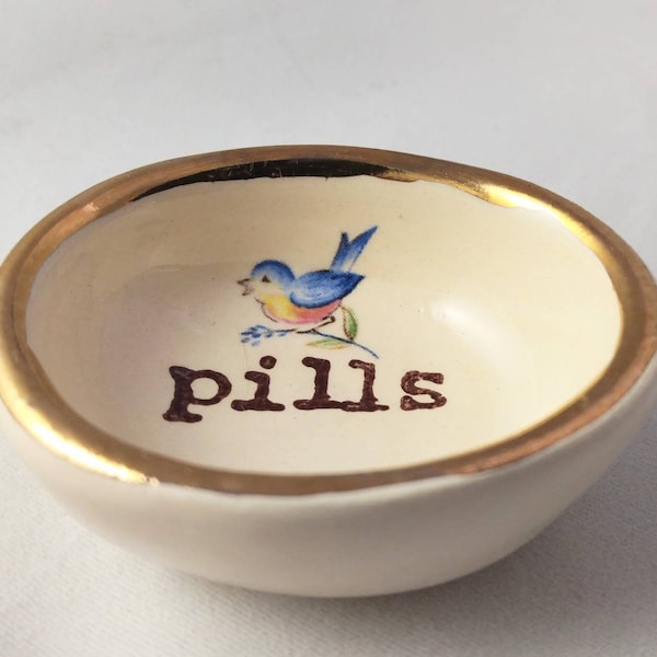 Blue bird pill dish gold rim pill holder bird bowl decor printed pill bowl pill organizer for mom nana pill dish gift for mother's day