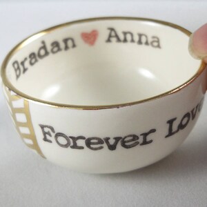 Tribal Pattern ceramic ring dish with gold rim and custom stamped text red heart between bride and groom name ring holder bridal shower gift image 3