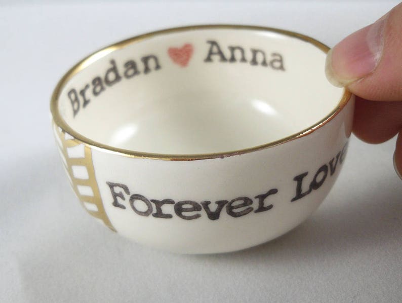 Tribal Pattern ceramic ring dish with gold rim and custom stamped text red heart between bride and groom name ring holder bridal shower gift image 3