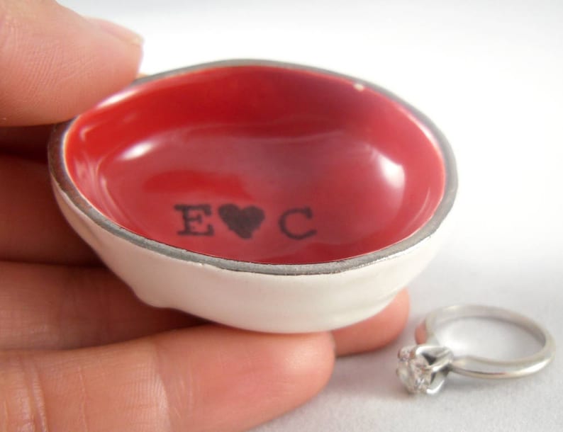 Cute Tiny Ceramic Personalized Engagement Ring Dish gold or silver rim 14 color options Small Ruby Red Customizable Wedding Ring Holder