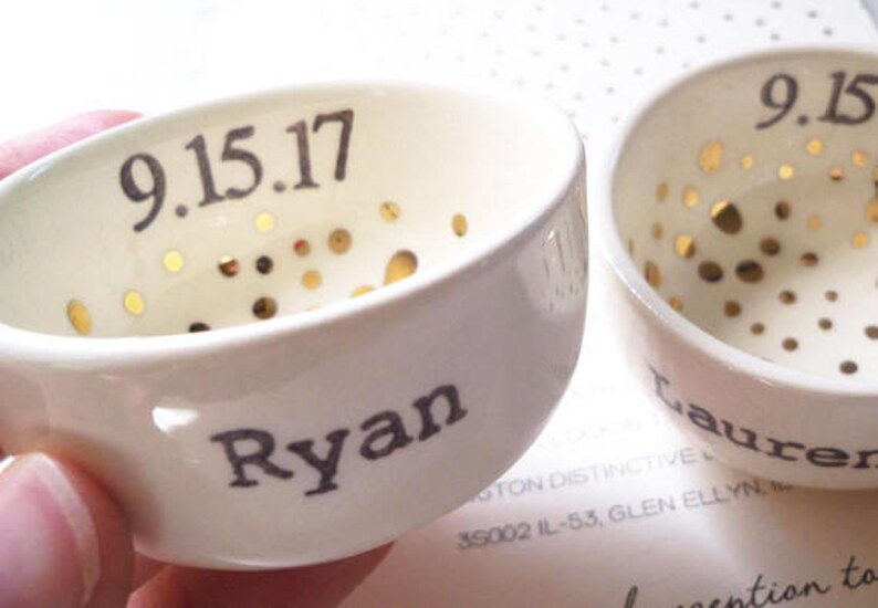 bridal shower gift white ceramic ring bowl or jewelry dish gold polkas custom wedding date personalized ring holders for bride and groom