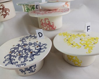 SOAP DISH Ready To Ship Various Colors & Designs, Handmade Ceramic Soap Dish Drain Hole, Round Soap Holder, 2 piece soap dish, soap saver