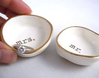 MR. & MRS. wedding GIFT for wife, gift for married couple, wedding ring holder, handprinted ceramic gold rim ring dish bridal shower gift