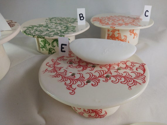 READY TO SHIP soap dish with removable lid, 2 piece ceramic soap dish with drain holes, flower pattern ceramic soap dish, custom color