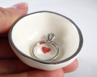 mothers day heart ring dish silver gold rim ring dish red heart ring holder white clay ring holder, bridal shower gift, gift for wife