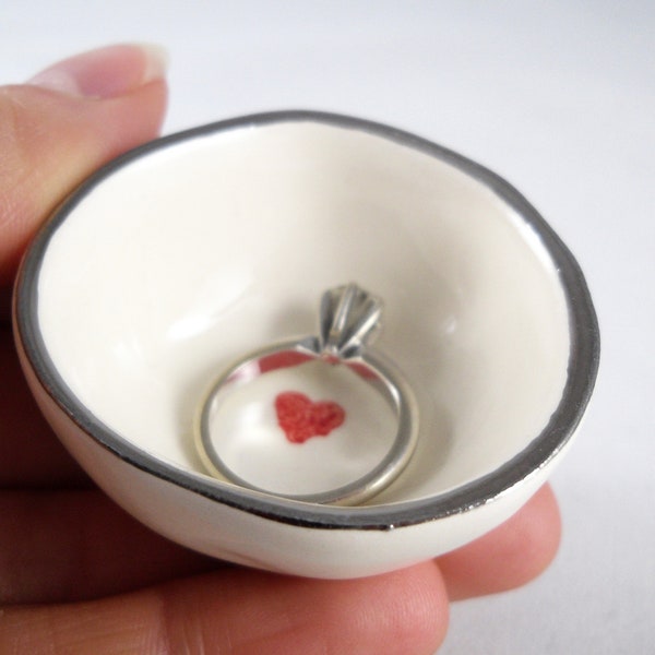 mothers day heart ring dish silver gold rim ring dish red heart ring holder white clay ring holder, bridal shower gift, gift for wife