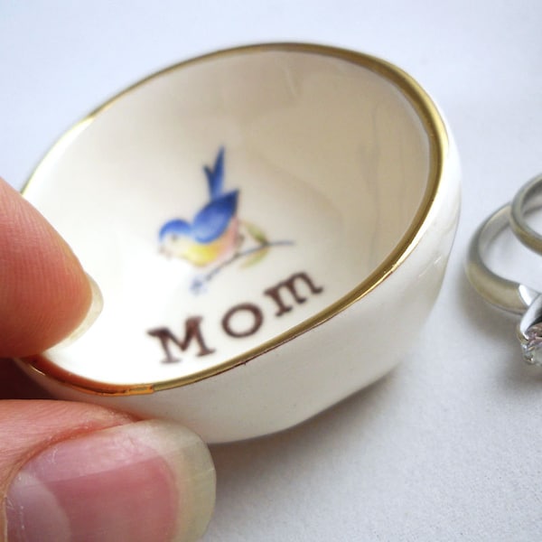 Gift for mom, gold or silver blue bird ring holder for mom, jewelry dish gift for her, gift from children, new mom gift, first time mom