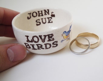 CUSTOM RING DISH love birds with blue bird image and names of couple or wedding date any custom text personalized ring holder wedding gift